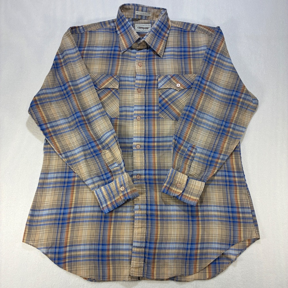 Campus Rugged Country Plaid Button Down Shirt Mens Large Tan Blue Vintage 70s